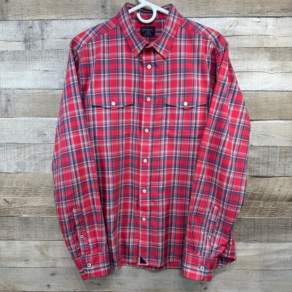 UNTUCKit Mens Slim Fit Plaid Button Down Shirt Pink Blue Cotton Large‎